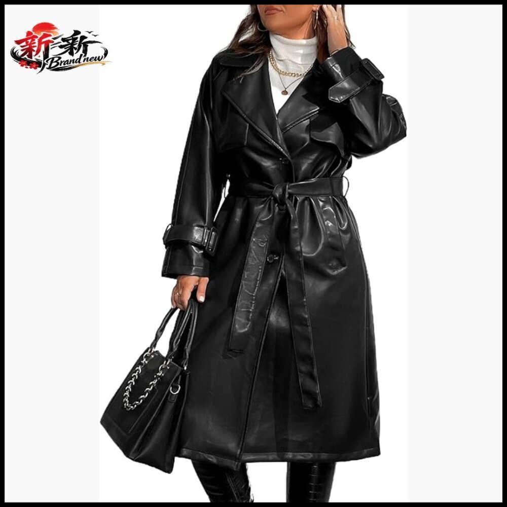 Faux Leather Trench Coat Plus Size Long Motorcycle Jacket Belted